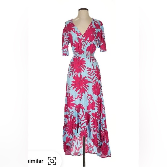 Anthropologie Abel The Label Blue & Red Floral Printed Smocked Maxi Dress - Picture 1 of 11